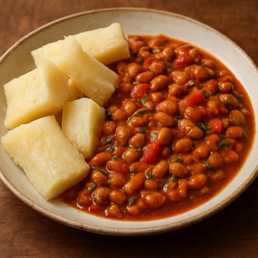Entree: Malawi – Cassava with Beans (Hearty Malawian stew of boiled cassava combined with a spiced tomato and peanut seasoned bean stew) recipe
