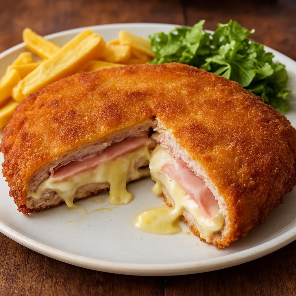 Entree: Spain – Asturias – Cachopo (Large breaded and fried folded veal or beef cutlet stuffed with ham and melting cheese typical of Asturias) recipe