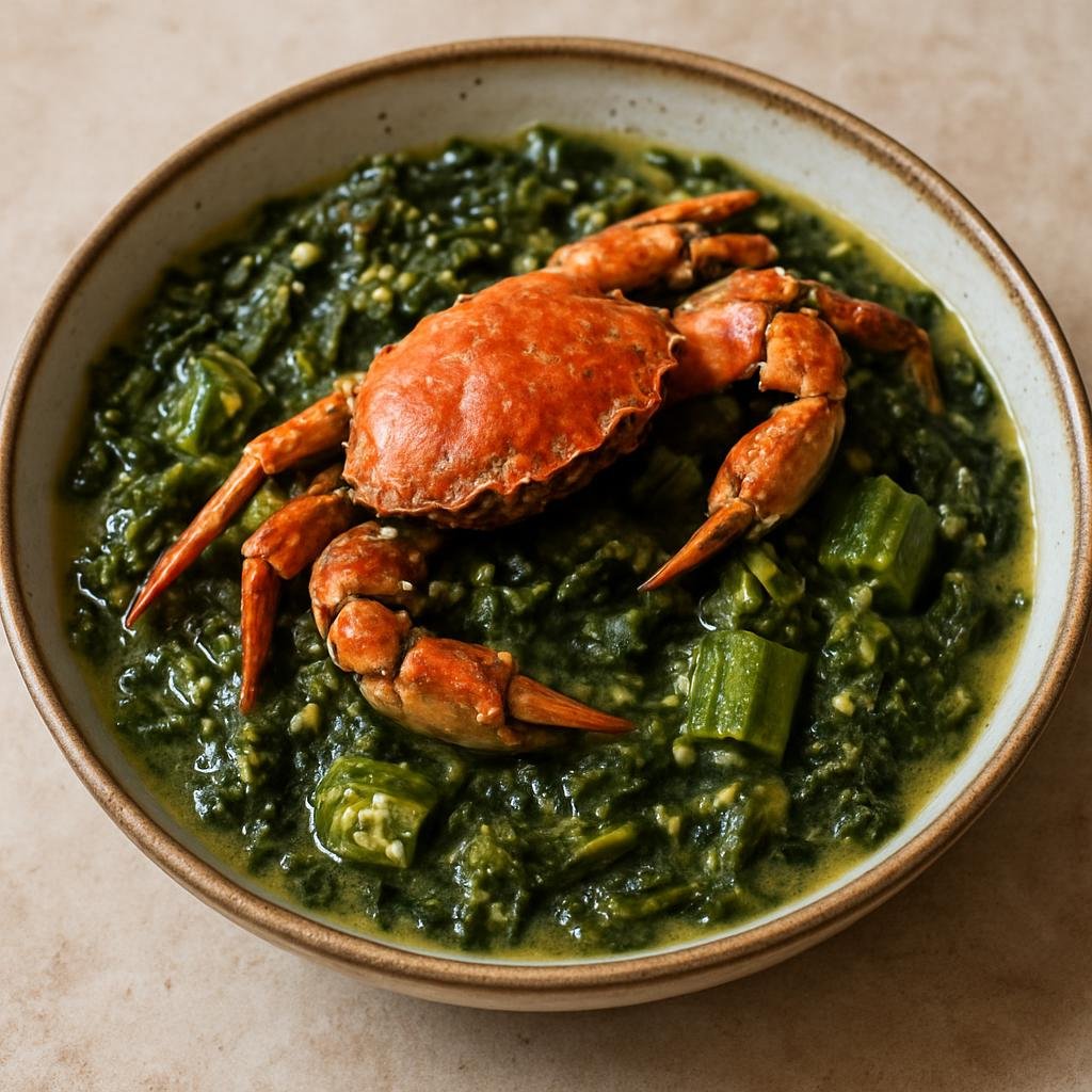 Entree: Montserrat – Callaloo with Crab (Caribbean dasheen leaf and okra stew simmered with crab, coconut milk, and aromatics) recipe
