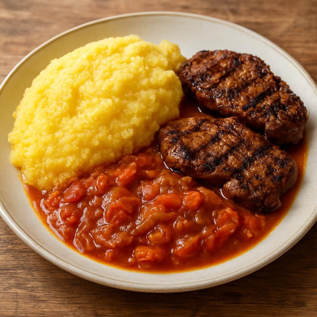 Entree: Namibia – Pap en Vleis (Thick cornmeal porridge served with grilled meat and a savory tomato-onion gravy) recipe