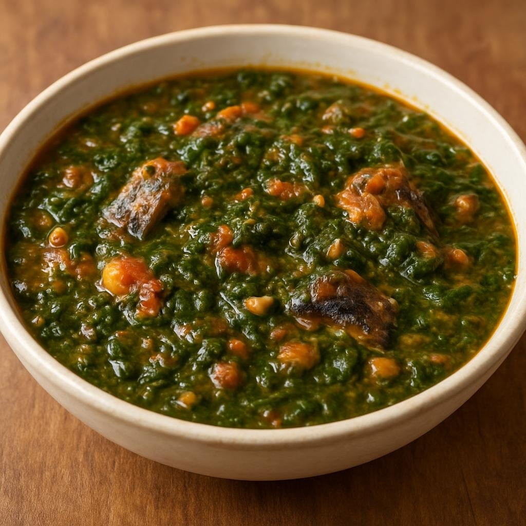 Entree: Niger – Moringa Stew (Hearty West African stew of moringa leaves simmered with tomato, aromatics, and often smoked fish or peanut) recipe