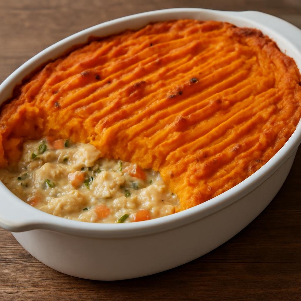 Entree: Norfolk Island – Sweet Potato and Fish Pie (A baked savory pie of flaked white fish in a creamy vegetable sauce topped with mashed sweet potato) recipe