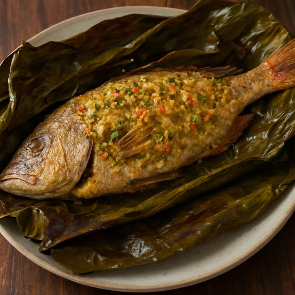 Entree: Palau – Fish Wrapped in Banana Leaves (Palauan-style whole fish marinated with coconut, citrus, and aromatics then steamed or grilled in banana leaves) recipe