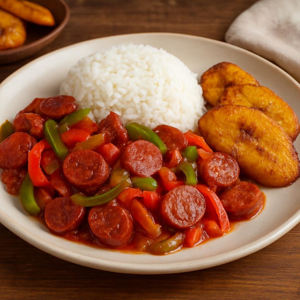 Entree: Panama – Chorizo Tableño (Panamanian fresh pork chorizo sautéed with peppers, onions, and tomatoes and served with rice and fried plantains) recipe