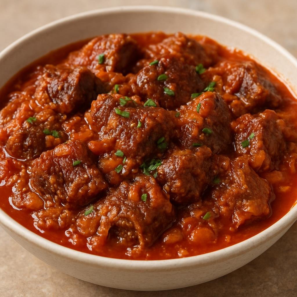 Entree: Rwanda – Inyama y'inka (Traditional Rwandan braised beef in a tomato‑onion and ginger sauce) recipe