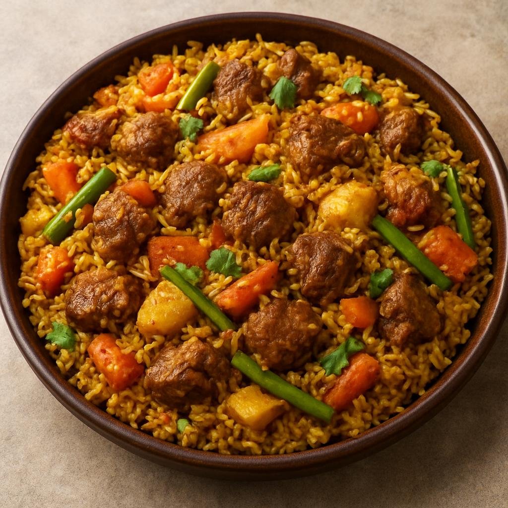 Entree: Somalia – Iskudhexkaris (A one-pot Somali spiced rice and meat pilaf cooked with vegetables and warm aromatics) recipe