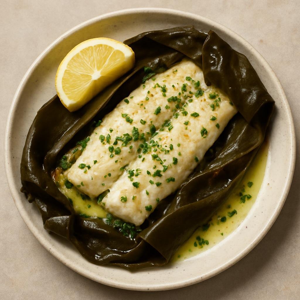 Entree: South Georgia and the South Sandwich Islands – Baked Fish with Kelp (Oven-baked white fish fillets wrapped in coastal kelp with butter, lemon, and herbs) recipe