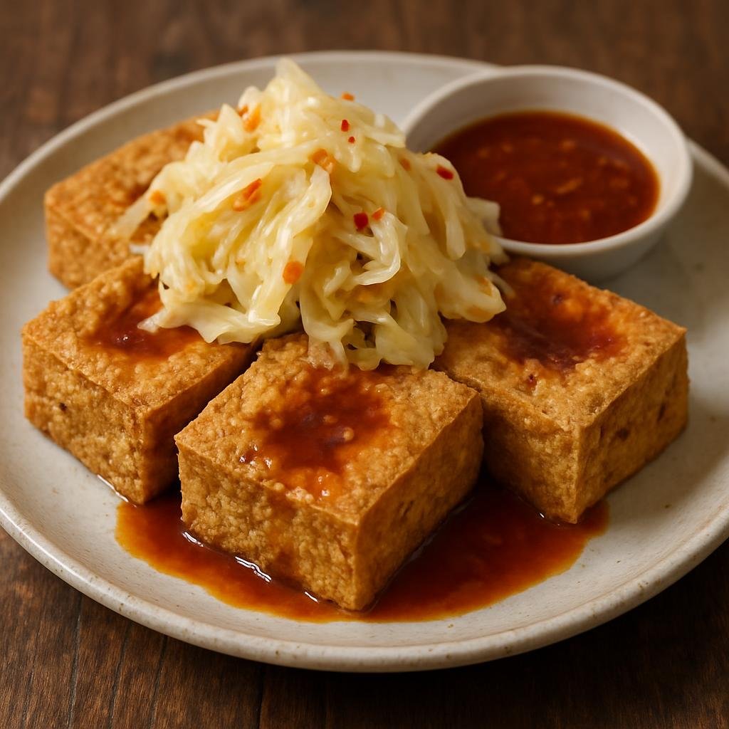Entree: Taiwan – 臭豆腐 ➤ Chòu dòufu (Fermented tofu with a pungent aroma, typically deep-fried and served with pickled cabbage and spicy-sweet sauce) recipe