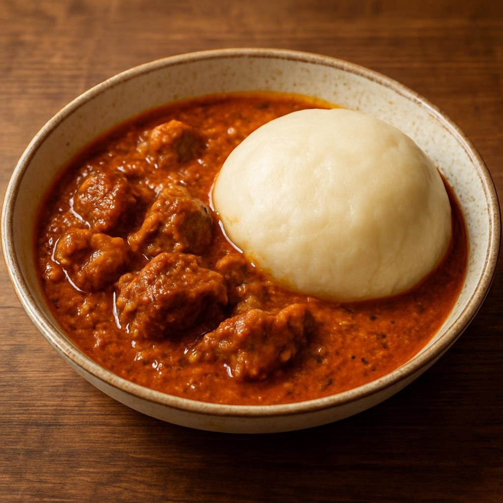 Entree: Togo – Fufu with Groundnut Soup (Pounded starch dough served with a rich peanut-based meat and tomato stew) recipe