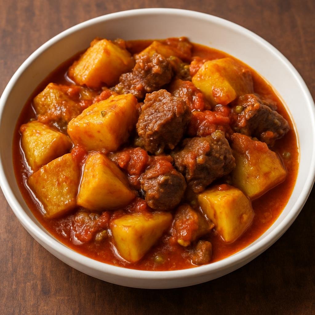 Entree: Uganda – Katogo (Hearty Ugandan stew of green cooking bananas simmered with beef in a savory tomato-onion sauce) recipe