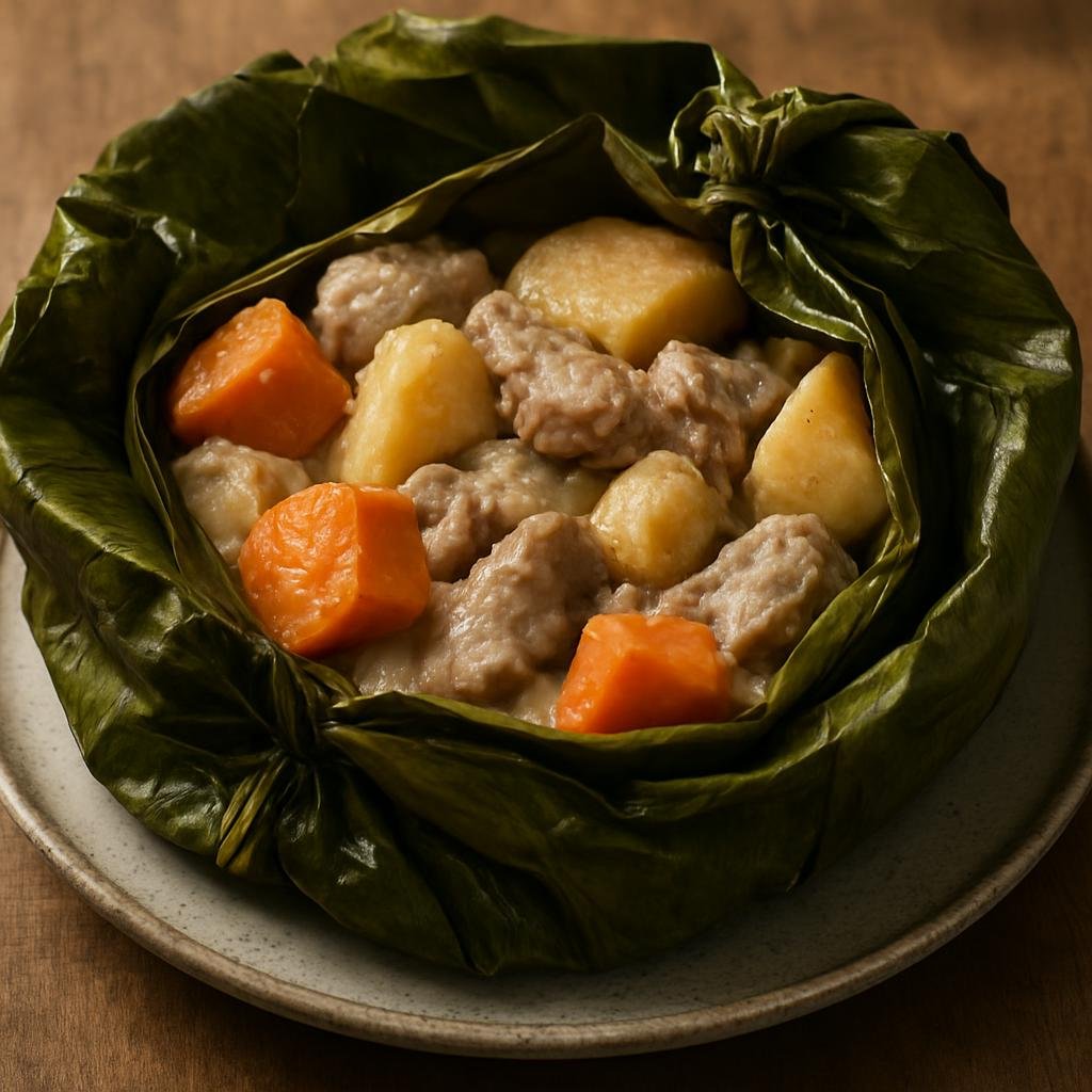 Entree: Vanuatu – Bougna (Traditional Vanuatu coconut-steamed packet of root vegetables and protein wrapped in banana leaves) recipe