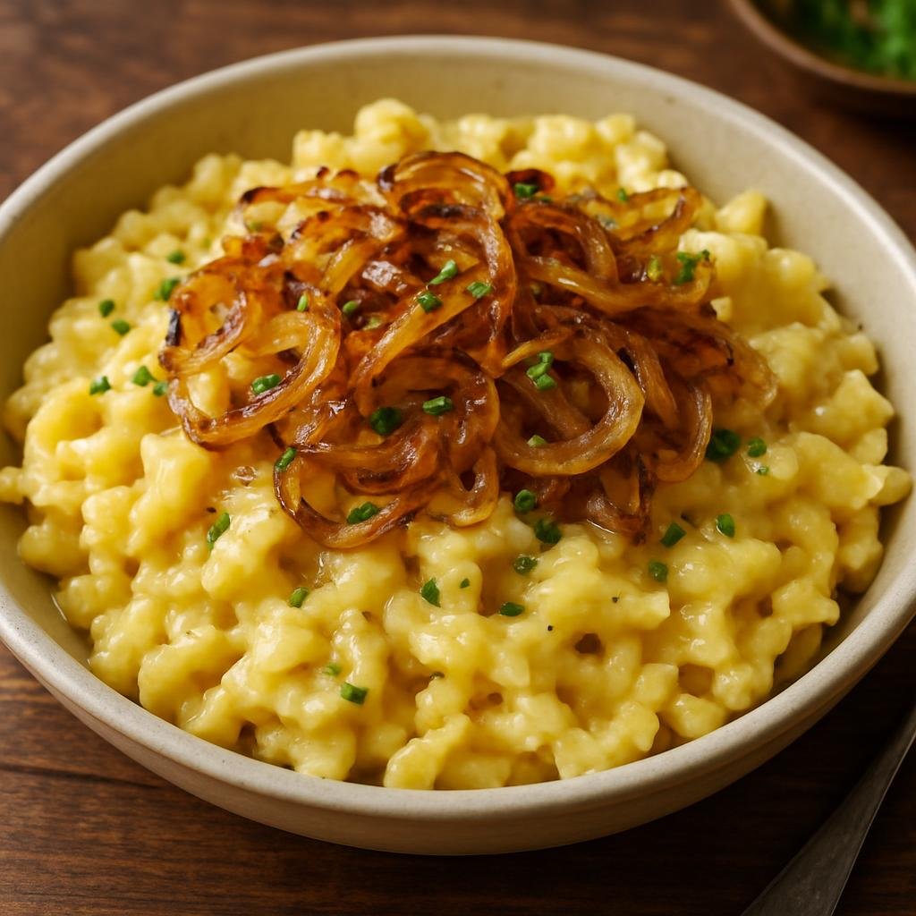 Entree: Germany – Baden – Käsespätzle (Soft egg noodles tossed with melted cheese and topped with caramelized onions) recipe