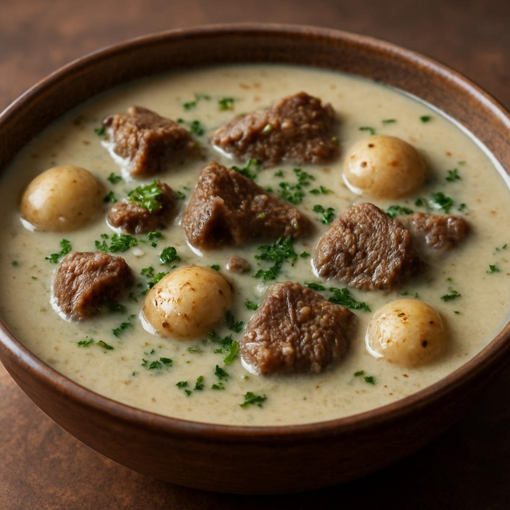 Entree: Nigeria – Calabar / Efik-Ibibio – Afia Efere Ebot (Efik white soup of spiced, simmered beef flavored with calabash nutmeg and local seeds) recipe