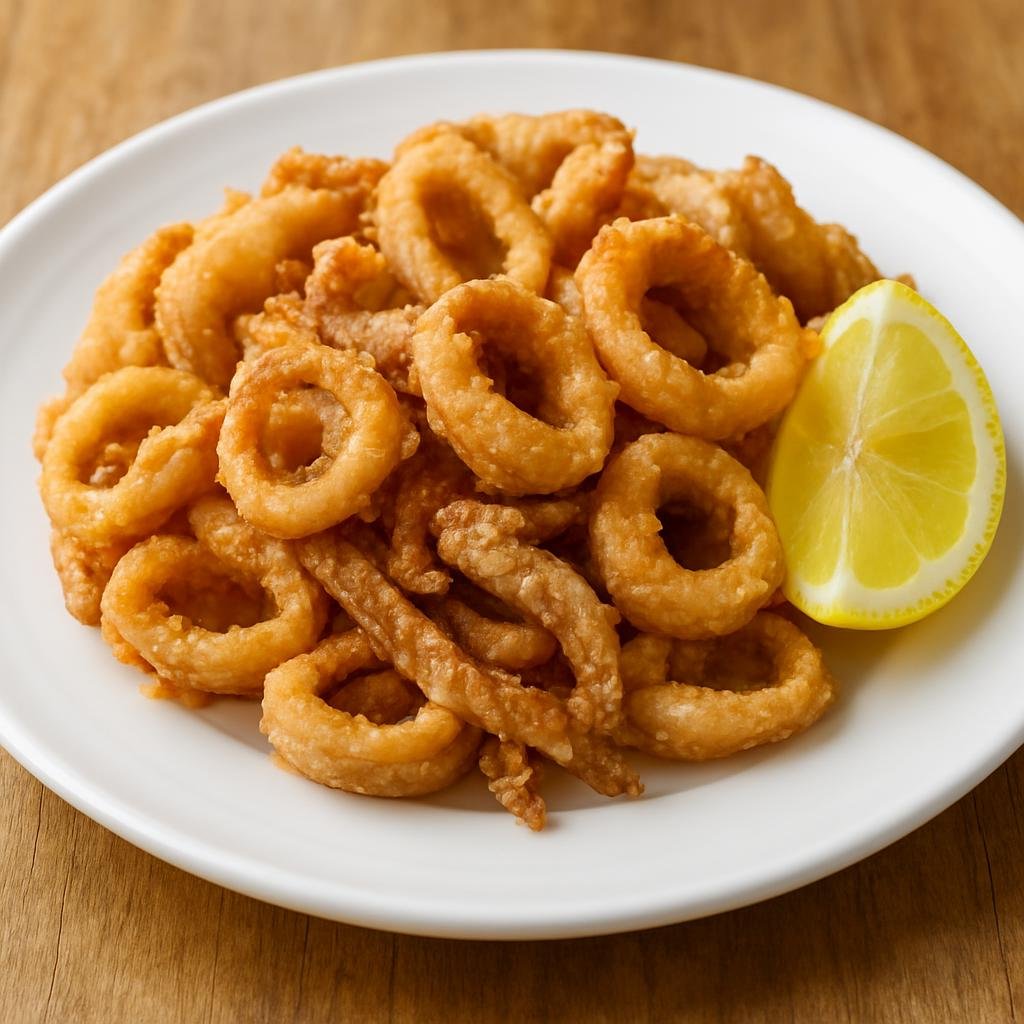 Entree: Greece – Aegean Islands – Καλαμαράκια τηγανητά ➤ Kalamarákia tiganitá (Small whole or sliced squid lightly floured and deep-fried until crisp, served with lemon) recipe