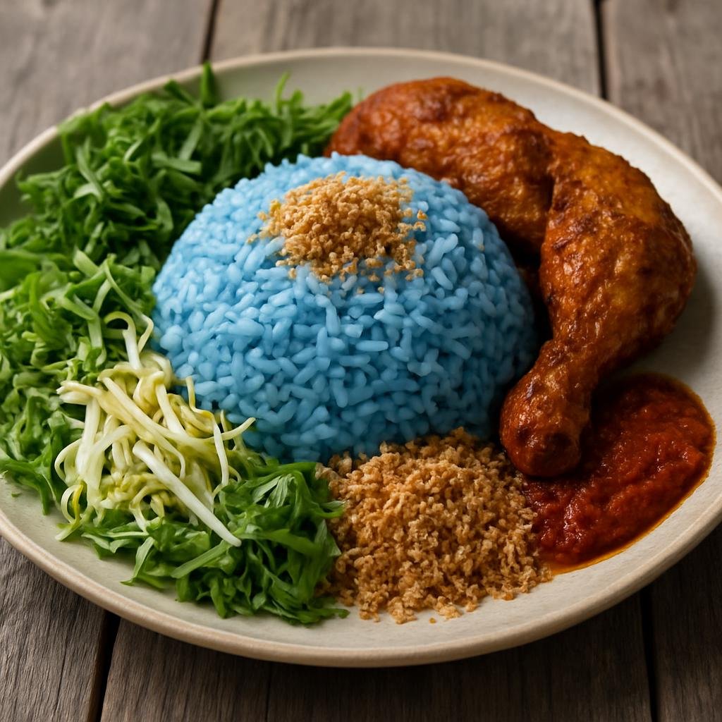 Entree: Malaysia – Kuala Lumpur – Nasi Kerabu (Blue-hued herbed rice served with fresh ulam, toasted coconut, sambal, and spiced chicken) recipe