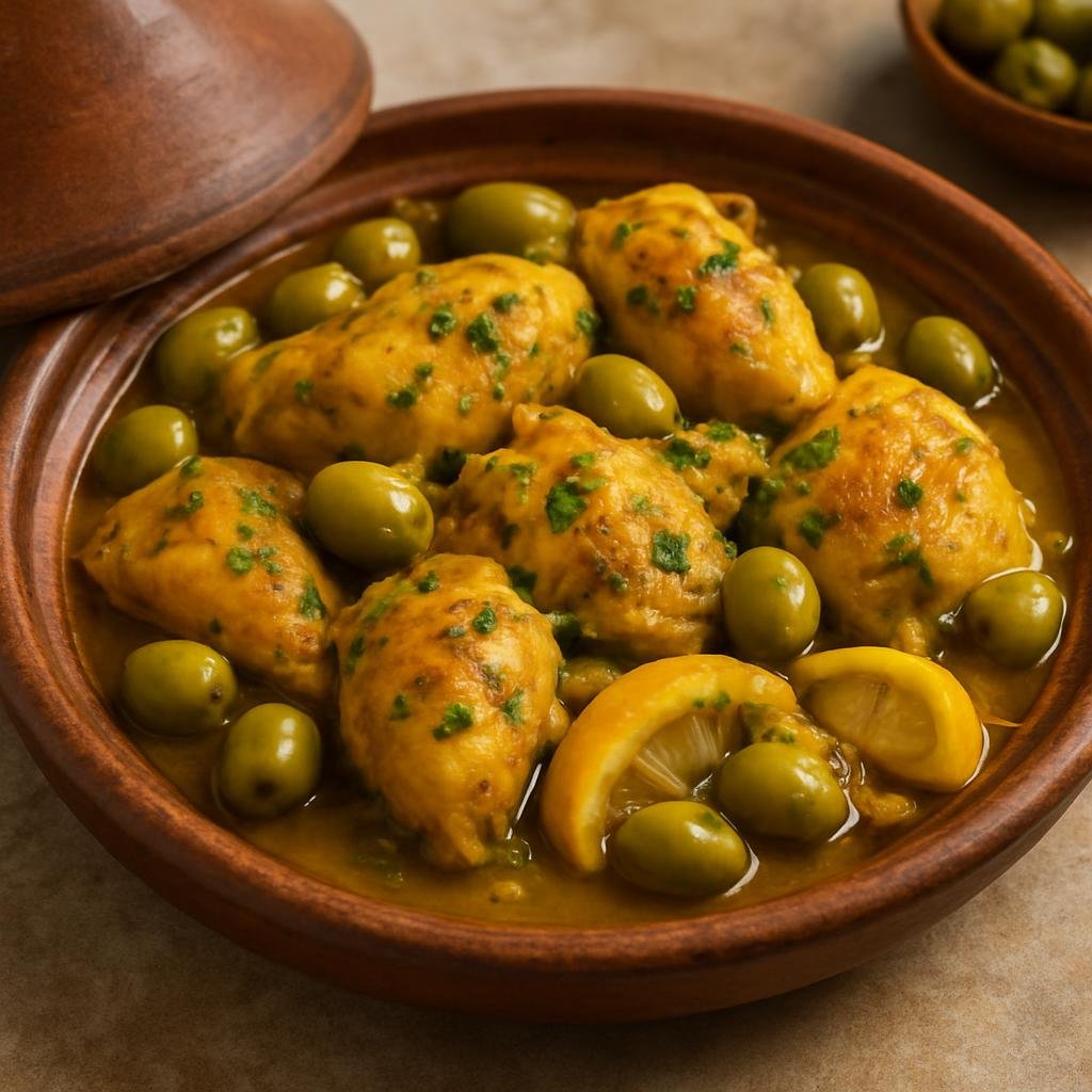 Entree: Morocco – Atlas Mountains – طاجين الزيتون ➤ Tājīn az-Zaytūn (Moroccan slow-simmered chicken stew with olives and preserved lemon in a spiced saffron broth) recipe