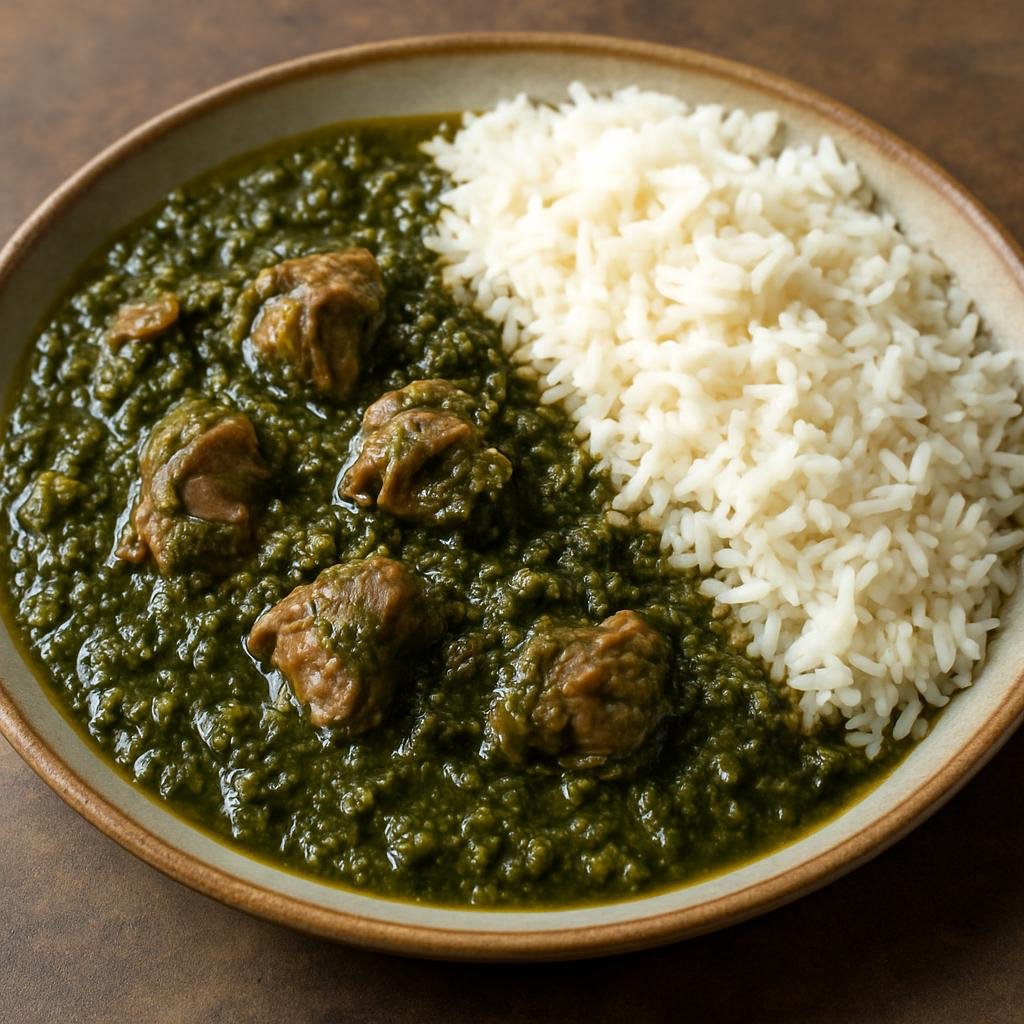 Entree: Afghanistan – Central Culinary Region – سبزی چلو ➤ Sabzi Chelow (Spinach and herb stew with tender lamb served alongside steamed fragrant rice) recipe