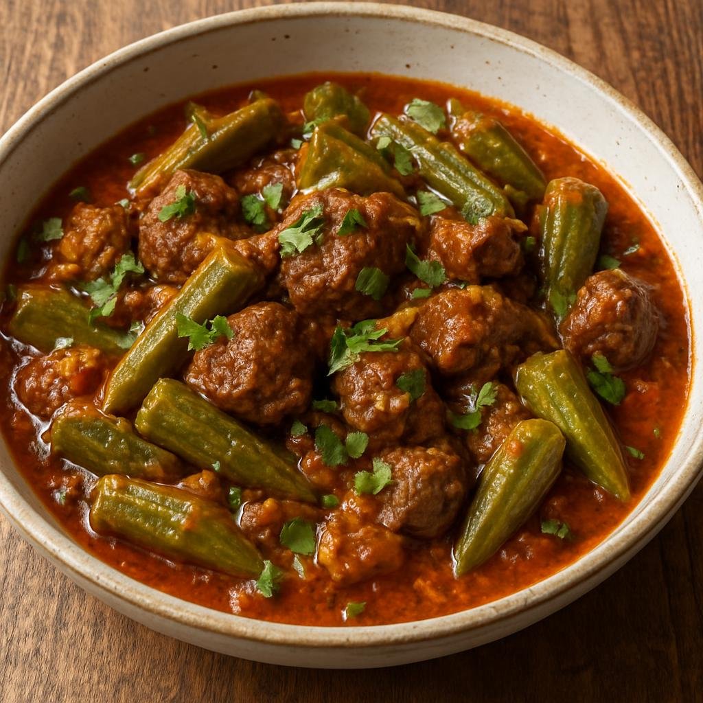 Entree: Egypt – Alexandria & Mediterranean – بامية ➤ Bāmiya (Egyptian okra stew braised with lamb in a spiced tomato and coriander sauce) recipe
