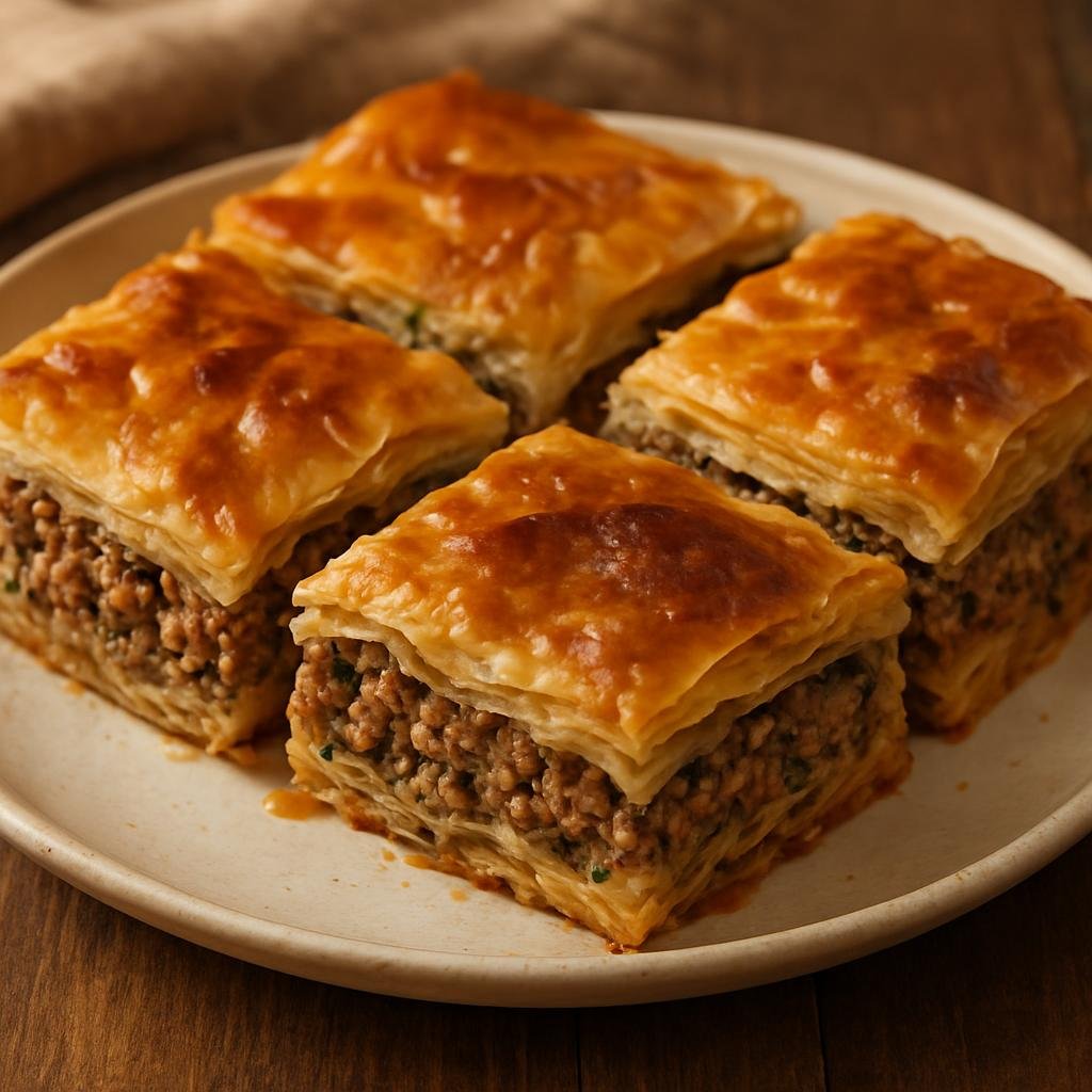 Entree: Armenia – Armenian Diaspora Classics – Բորեկ ➤ Boreg (Baked layered phyllo pastry filled with seasoned ground lamb and herbs) recipe