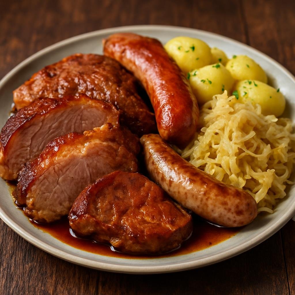 Entree: Austria – Central Culinary Region – Bauernschmaus (Hearty peasant-style platter of fried and braised pork cuts, sausages, potatoes and cabbage) recipe