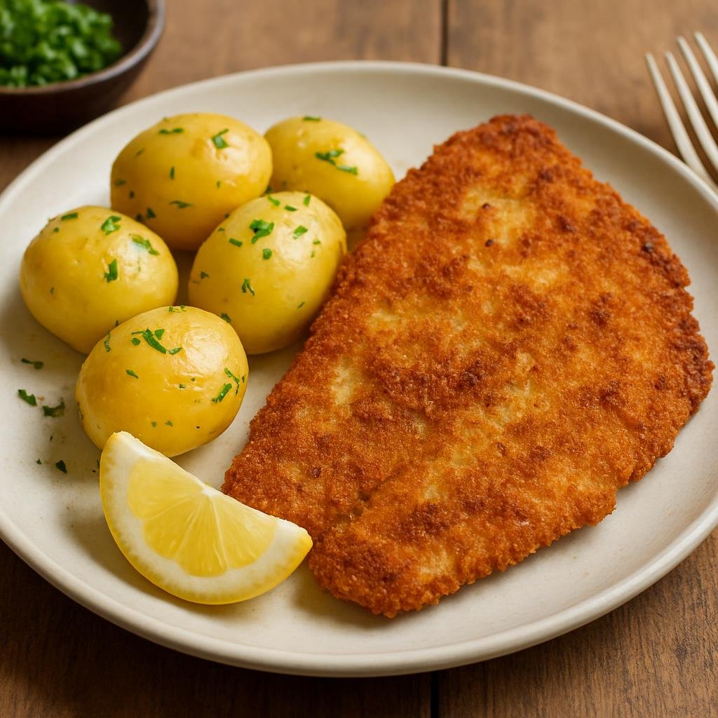 Entree: Denmark – Bornholm – Rødspættefilet (Pan-fried plaice fillets breaded in breadcrumbs, served with buttered potatoes and lemon) recipe