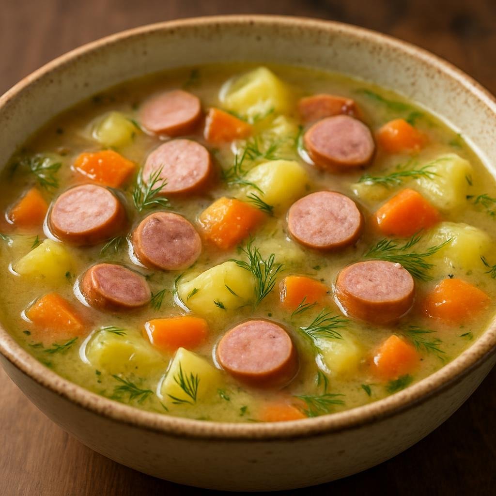 Entree: Finland – Central Culinary Region – Siskonmakkarakeitto (Hearty Finnish sausage soup with potatoes, root vegetables, and dill) recipe