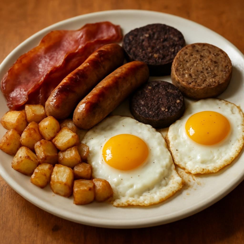 Entree: Ireland – Cork & Munster – Munster Fry (Hearty Munster-style pan-fry of bacon, sausages, black and white pudding, eggs and potatoes) recipe