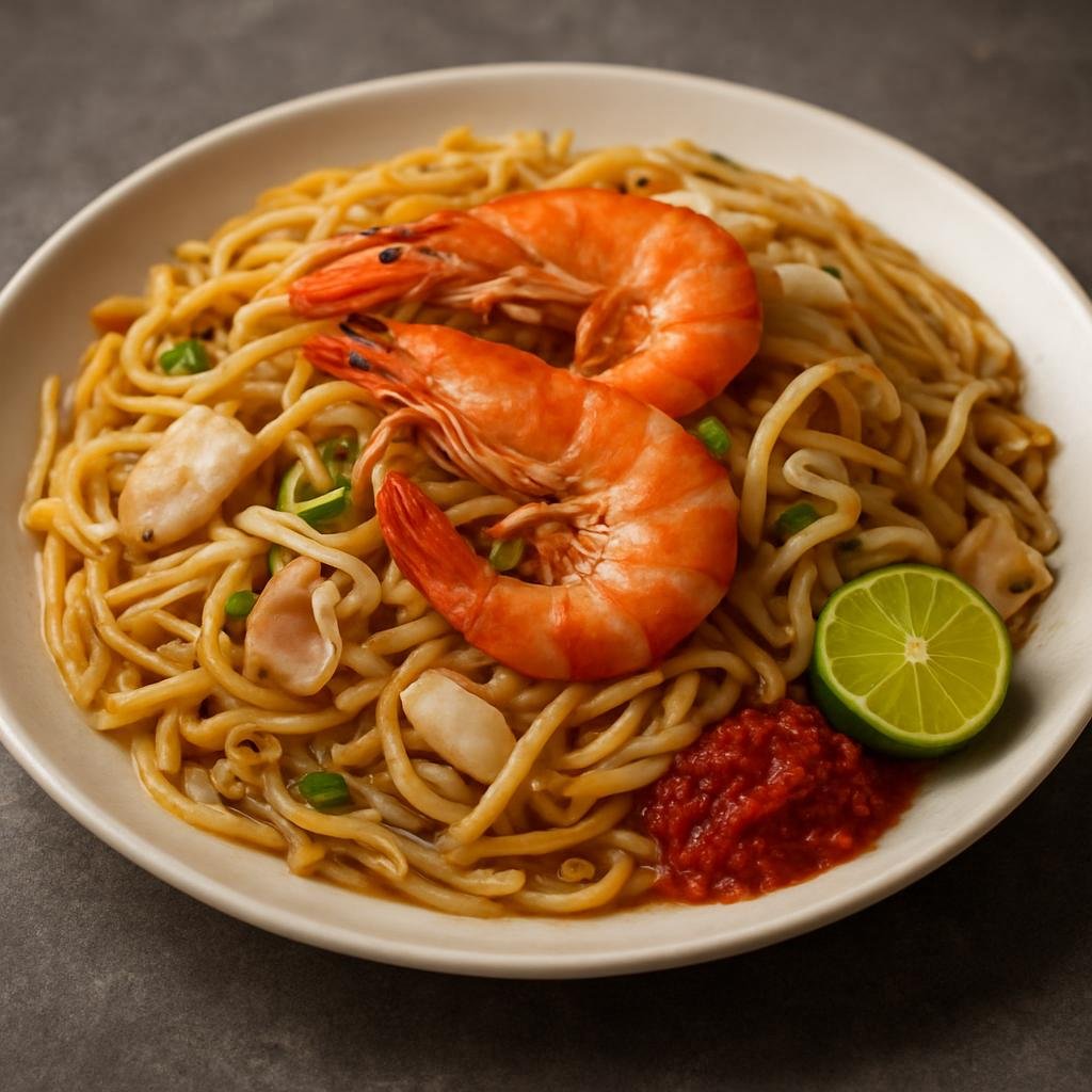 Entree: Singapore – Chinese Singapore – 福建面 ➤ Fújiàn miàn (Wok-fried egg and rice noodles in a rich seafood and pork stock served with sambal and lime) recipe
