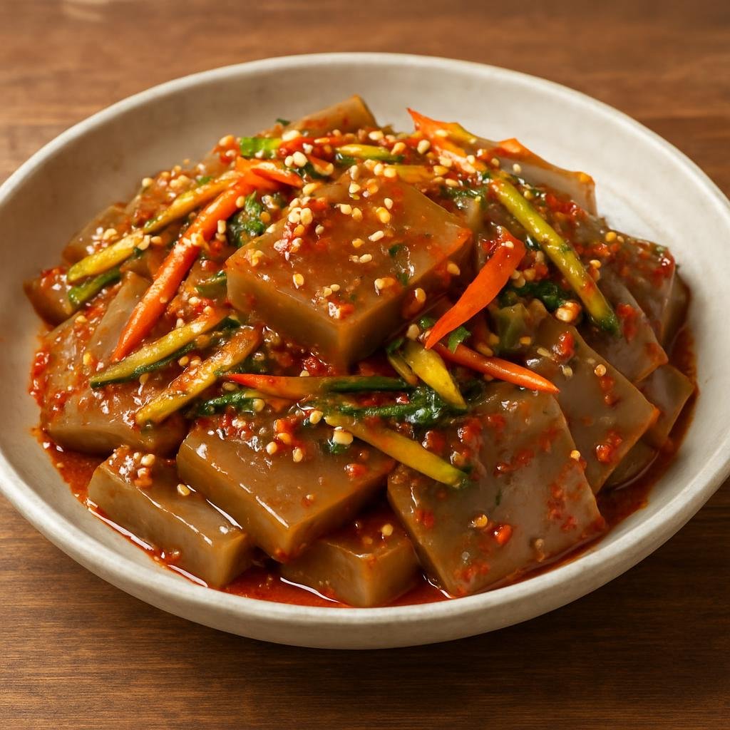 Entree: South Korea – Gangwon – 도토리묵무침 ➤ Dotorimuk muchim (Seasoned acorn-jelly salad tossed with vegetables and spicy-sesame dressing) recipe