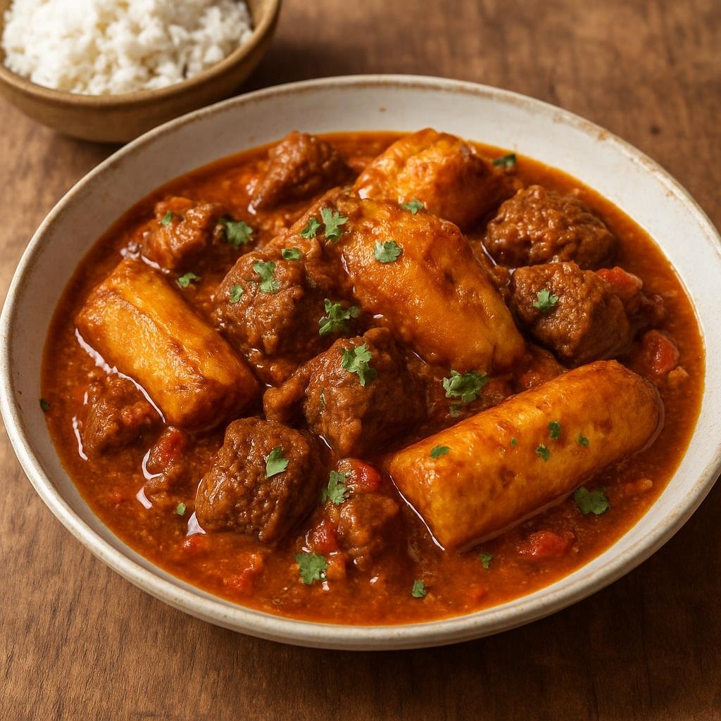 Entree: Tanzania – Dar es Salaam & Coast – Ndizi na Nyama (Stewed ripe plantains with beef in a spiced tomato and coconut sauce) recipe