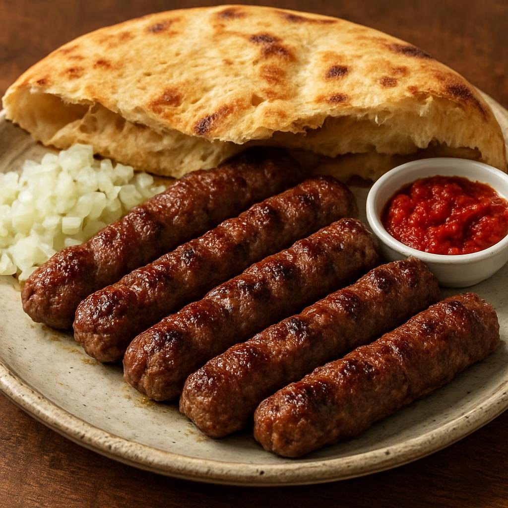 Entree: Bosnia and Herzegovina – Central Culinary Region – Hadžijski ćevap (Small hand-formed grilled seasoned minced-meat sausages served with flatbread and condiments) recipe