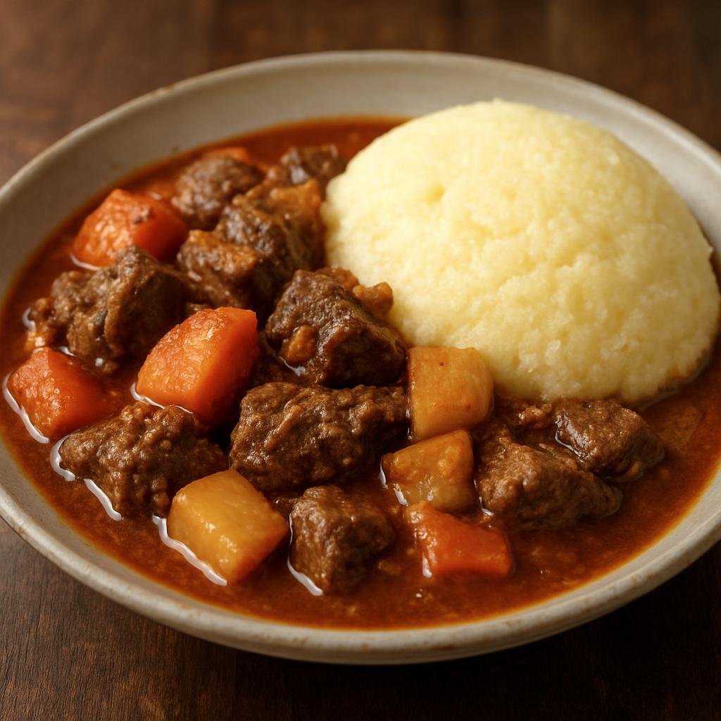 Entree: Botswana – Central Culinary Region – Batswana Beef Stew (Hearty slow-braised beef and root-vegetable stew often served with maize porridge) recipe