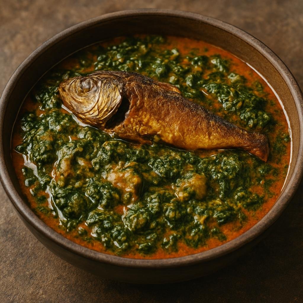 Entree: Cameroon – Central Culinary Region – Okok (Thick cocoyam-based stew with cocoyam leaves, palm oil, and smoked fish) recipe