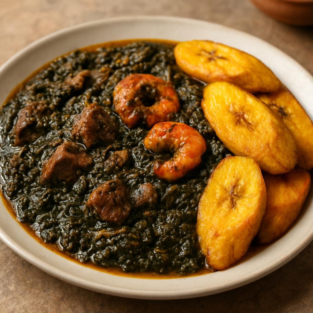 Entree: Central African Republic – Central Culinary Region – Ndolé (Bitterleaf and peanut stew cooked with stewed beef and prawns, typically served with plantains or rice) recipe