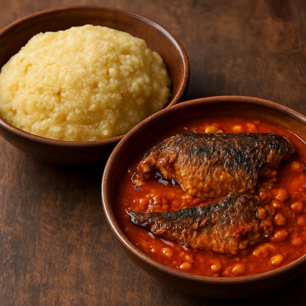 Entree: Democratic Republic of the Congo – Central Culinary Region – Koko ya Malemba (Savory fermented corn porridge served with a rich peanut and palm-oil stew with smoked fish) recipe