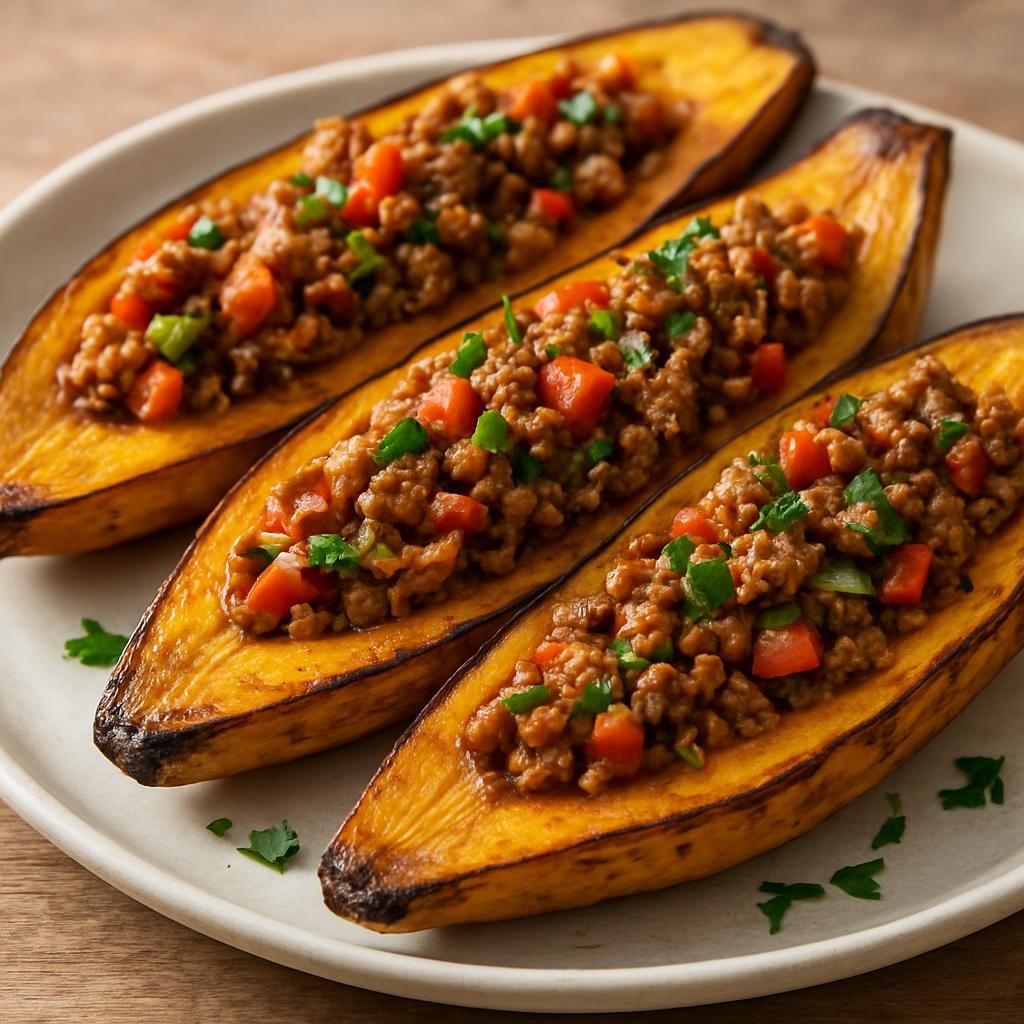 Entree: Dominica – Central Culinary Region – Stuffed Plantains (Baked Caribbean ripe plantains filled with seasoned ground pork and vegetables) recipe