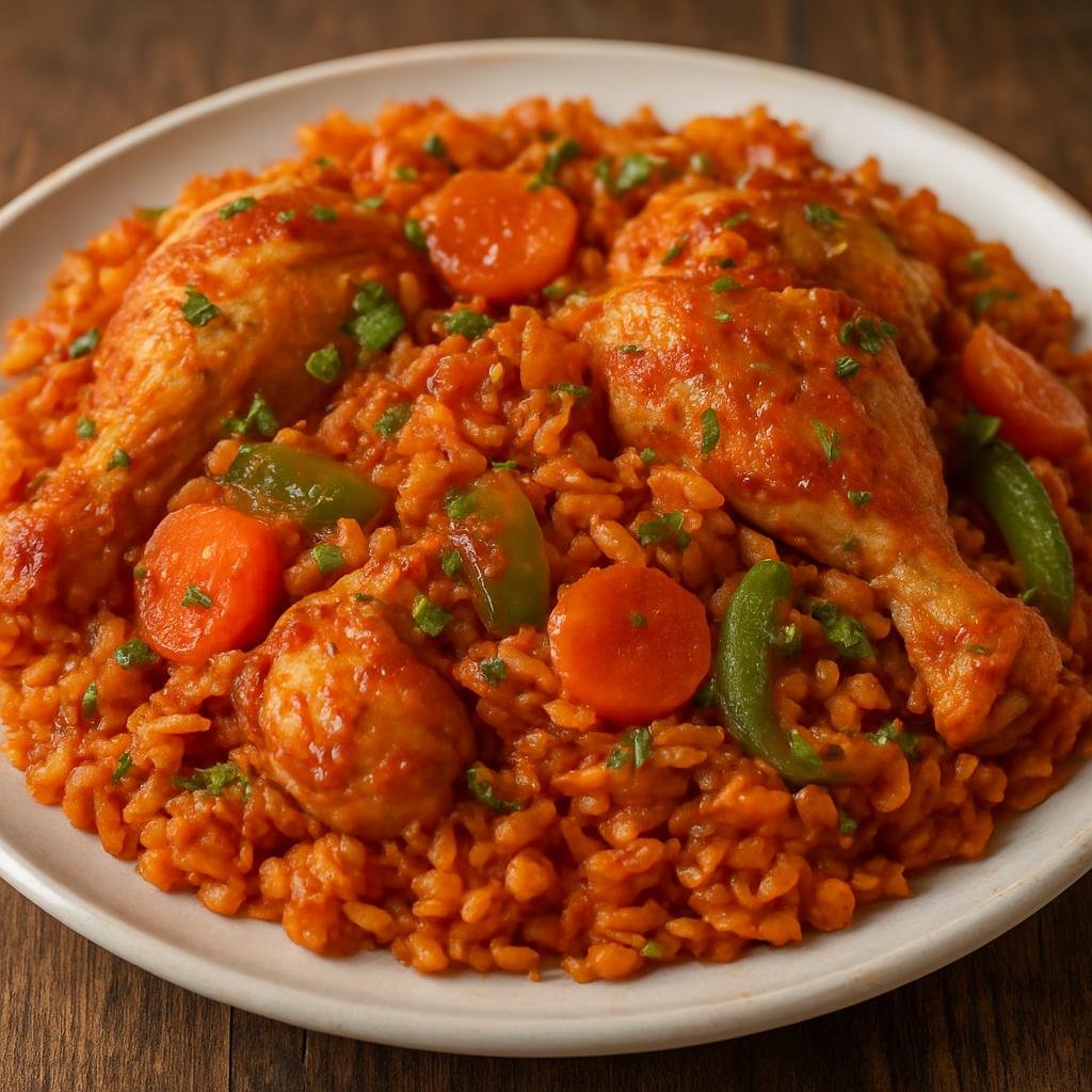 Entree: Equatorial Guinea – Central Culinary Region – Jollof Rice (One-pot spiced tomato rice cooked with chicken and vegetables) recipe