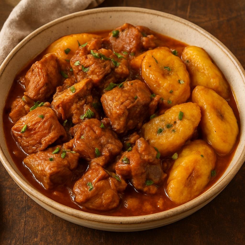 Entree: French Guiana – Central Culinary Region – Fricassée de Cochon Bois (Slow-braised Creole-style wild pork stew with aromatics and plantain) recipe