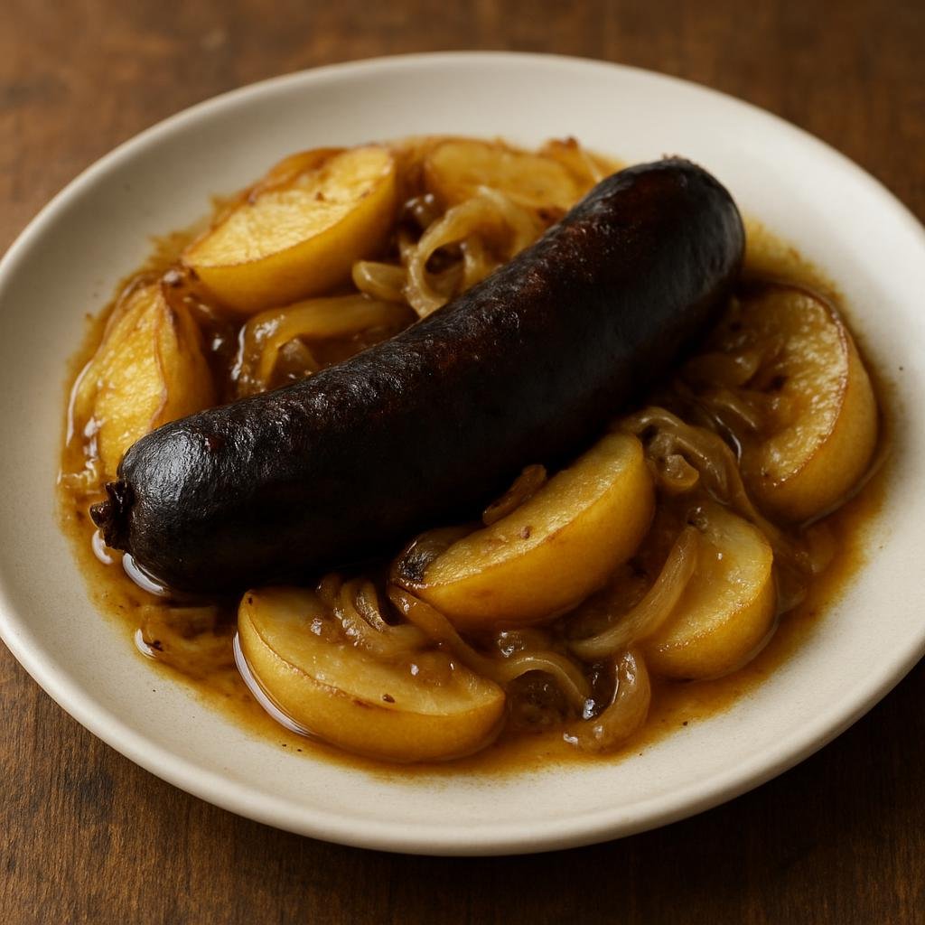 Entree: French Southern Territories – Central Culinary Region – Boudin Noir aux Pommes (Pan-seared French blood sausage served with caramelized apples and onions) recipe