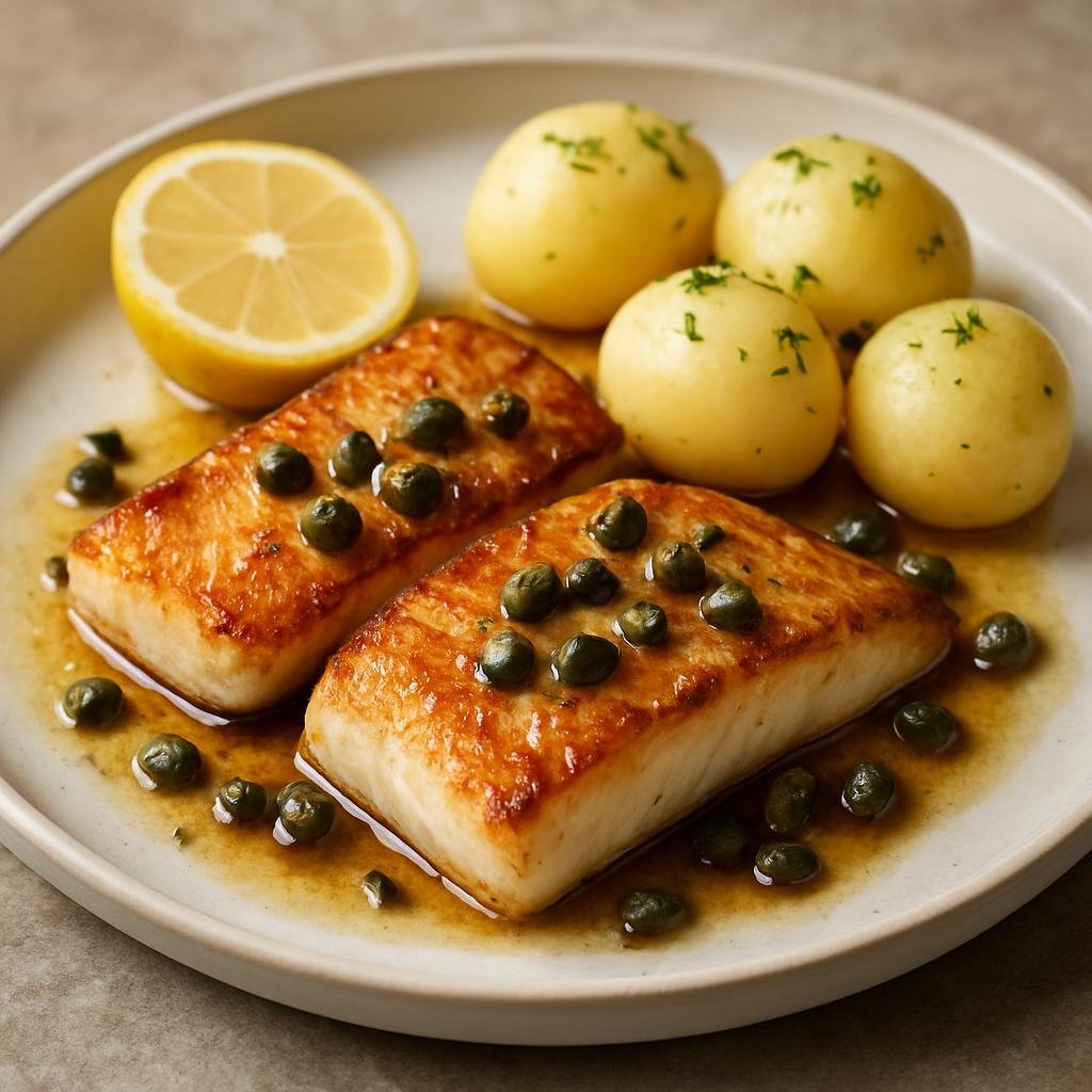 Entree: Norway – Northern Norway – Kveite (Pan-seared Atlantic halibut fillets served with browned butter, capers, lemon, and boiled potatoes) recipe