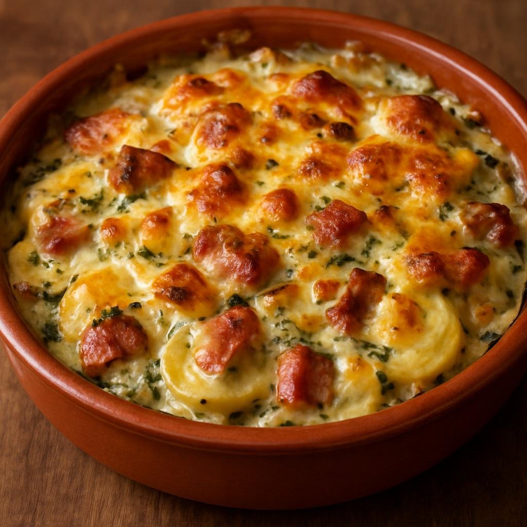 Entree: Martinique – National Cuisine – Tartiflette Martiniquaise (Martinique-style potato and cheese gratin made with smoked pork and Creole aromatics) recipe
