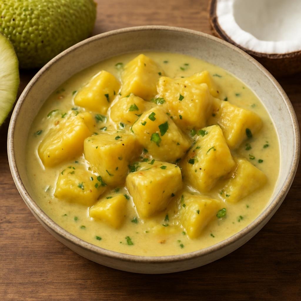 Entree: Micronesia – National Cuisine – Breadfruit with Coconut Milk (Breadfruit cooked slowly in rich coconut milk with aromatic seasonings as a savory island main) recipe