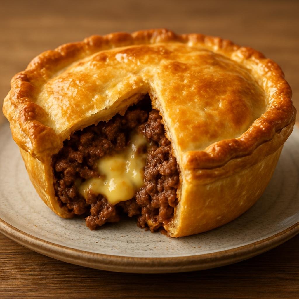 Entree: New Zealand – Auckland & North Island – Beef and Cheese Pie (A hearty savory pie of seasoned minced beef and melting cheese baked in pastry) recipe