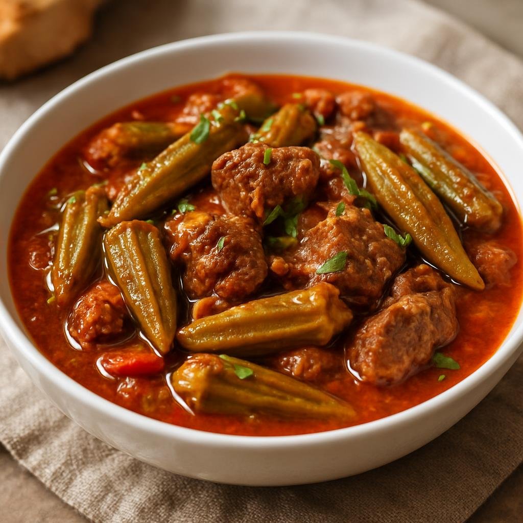 Entree: Palestine – National Cuisine – بامية ➤ Bamiya (Stewed okra and lamb simmered in a spiced tomato sauce) recipe