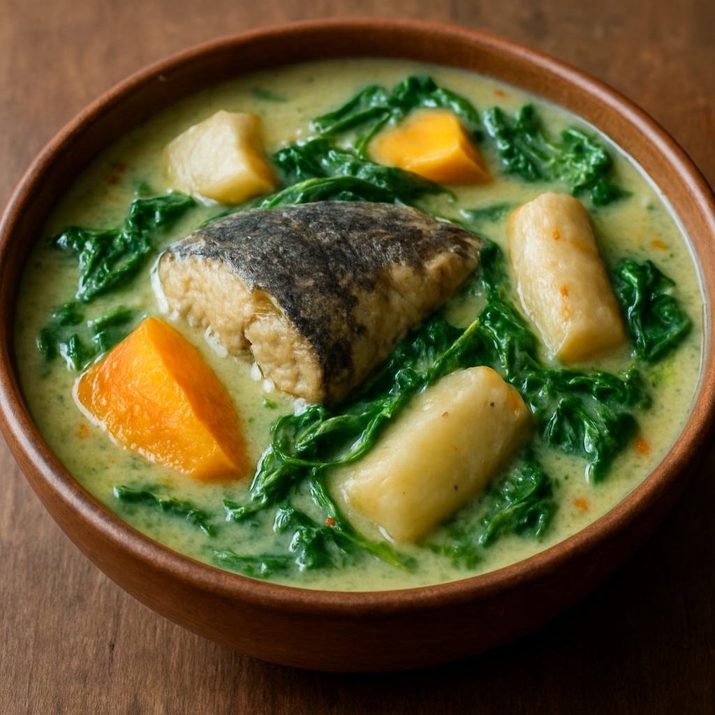 Entree: Papua New Guinea – National Cuisine – Kokonas (Coconut-based fish stew cooked with root vegetables and greens) recipe