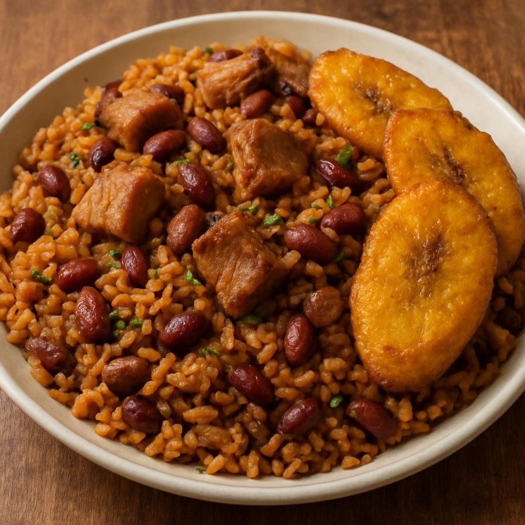 Entree: Puerto Rico – National Cuisine – Arroz Mamposteao (Puerto Rican stir-fried rice and beans with pork and fried plantains) recipe