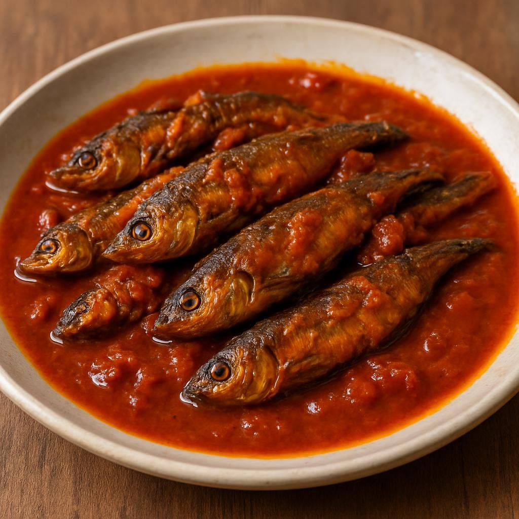 Entree: Republic of the Congo – National Cuisine – Ndakala (Stewed small smoked freshwater fish in a rich palm-oil and tomato sauce) recipe