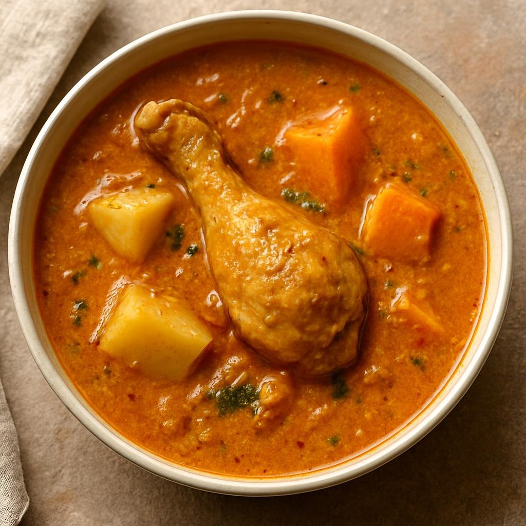 Entree: Sierra Leone – National Cuisine – Benny Soup (Sierra Leonean sesame seed soup made with roasted sesame paste, chicken, and starchy vegetables) recipe