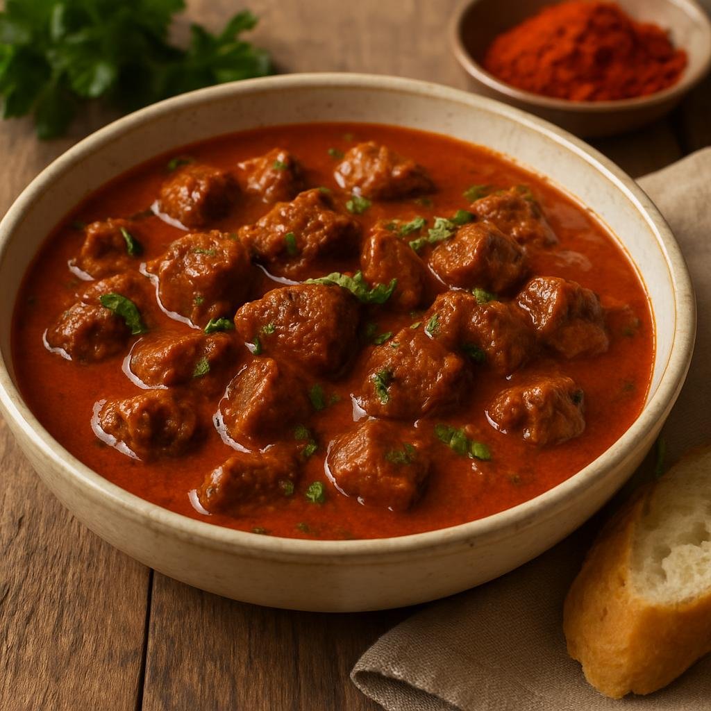 Entree: Slovakia – National Cuisine – Hovädzí Guláš (Slow-simmered Slovak beef stew seasoned primarily with sweet paprika and onions) recipe