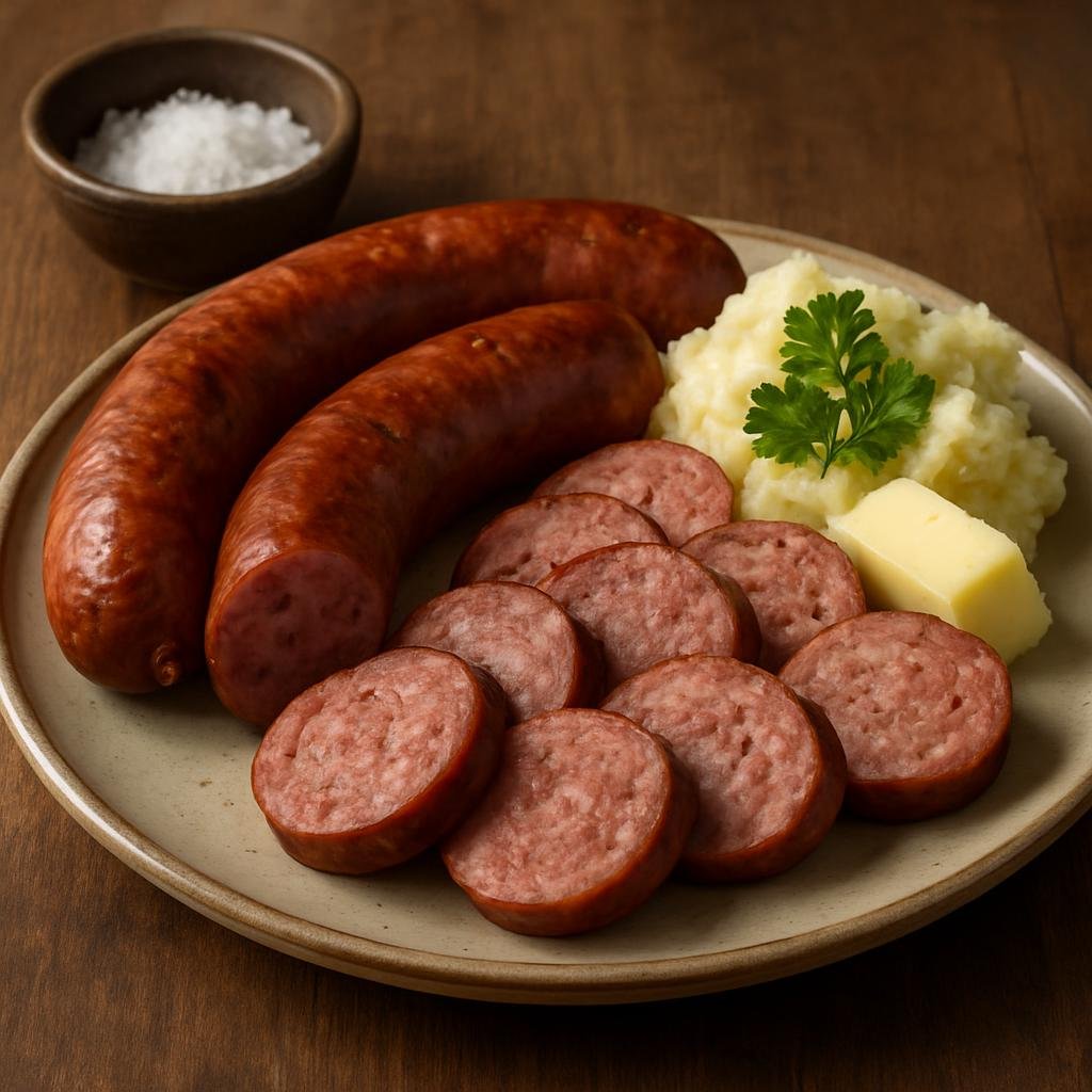 Entree: Svalbard and Jan Mayen – National Cuisine – Reindeer Sausage (Fresh or smoked sausage made from ground reindeer meat blended with pork fat and Nordic seasonings) recipe